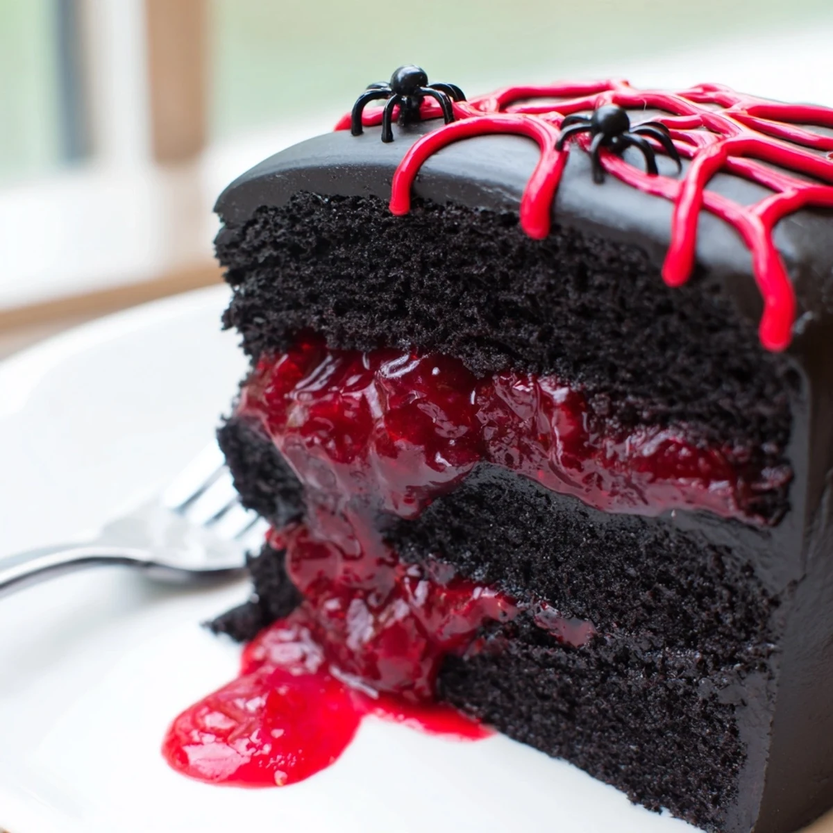 Hidden Horror Black Widow Cake sliced open revealing vibrant red cherry compote filling