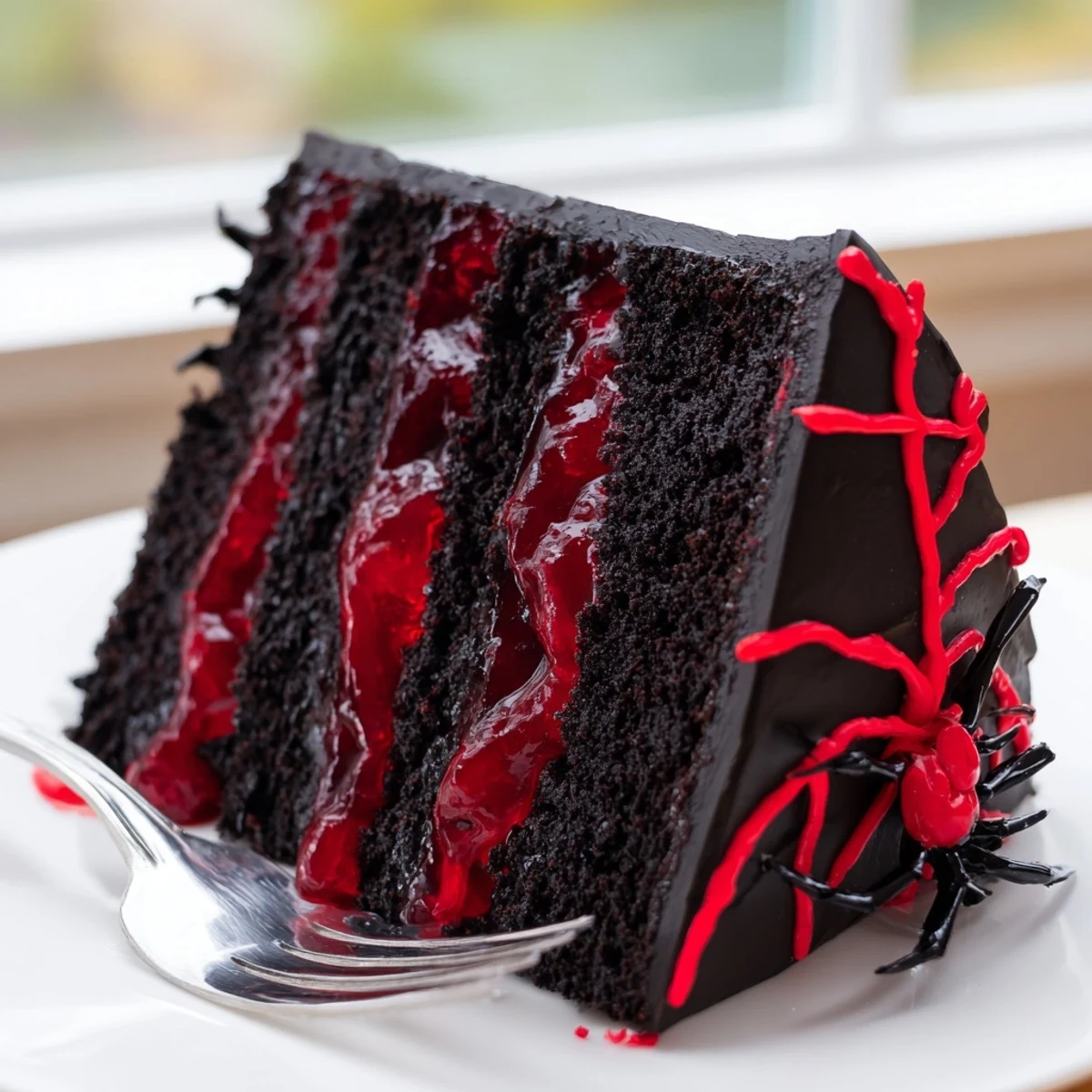 Spooky Black Widow Cake decorated with red vein patterns and glossy black cocoa ganache