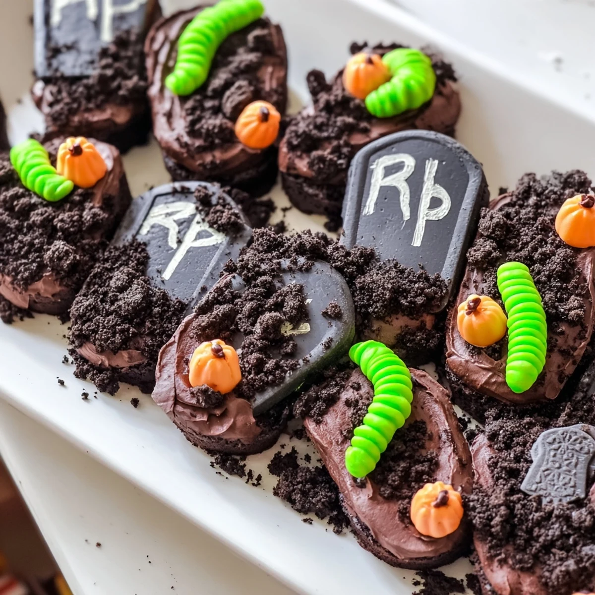 Frosted pull apart graveyard cupcakes topped with cookie dirt and tombstone decorations for Halloween
