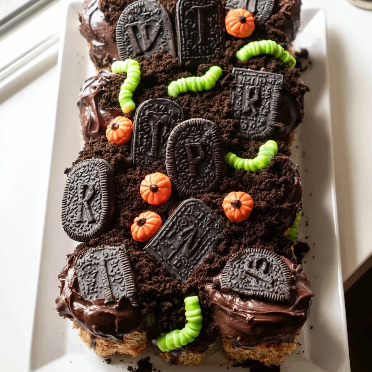 Crushed cookie dirt covers frosted pull apart graveyard cupcakes decorated with gummy worms and tombstones