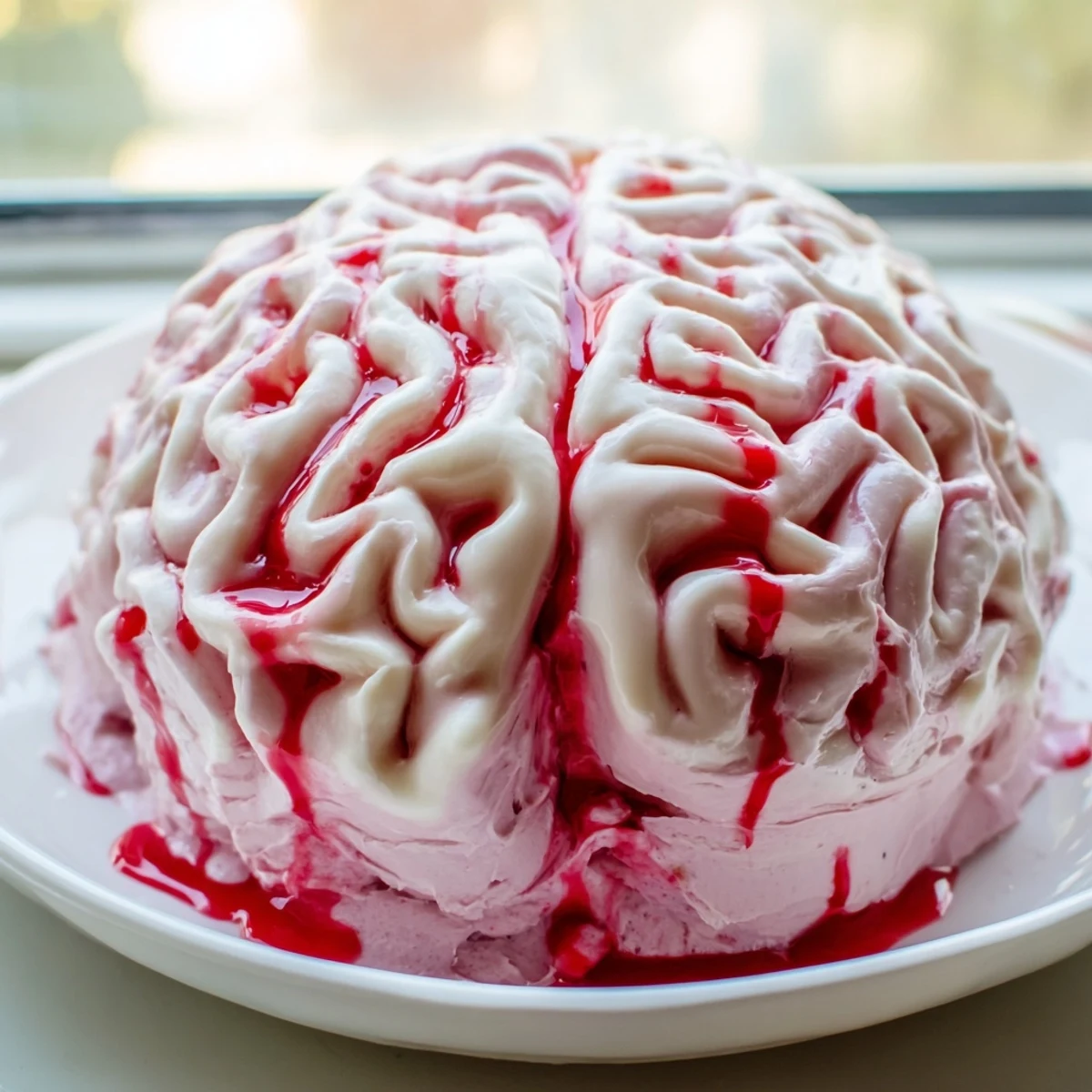Slice of no bake strawberry cheesecake brain revealing creamy strawberry filling atop a golden graham cracker crust