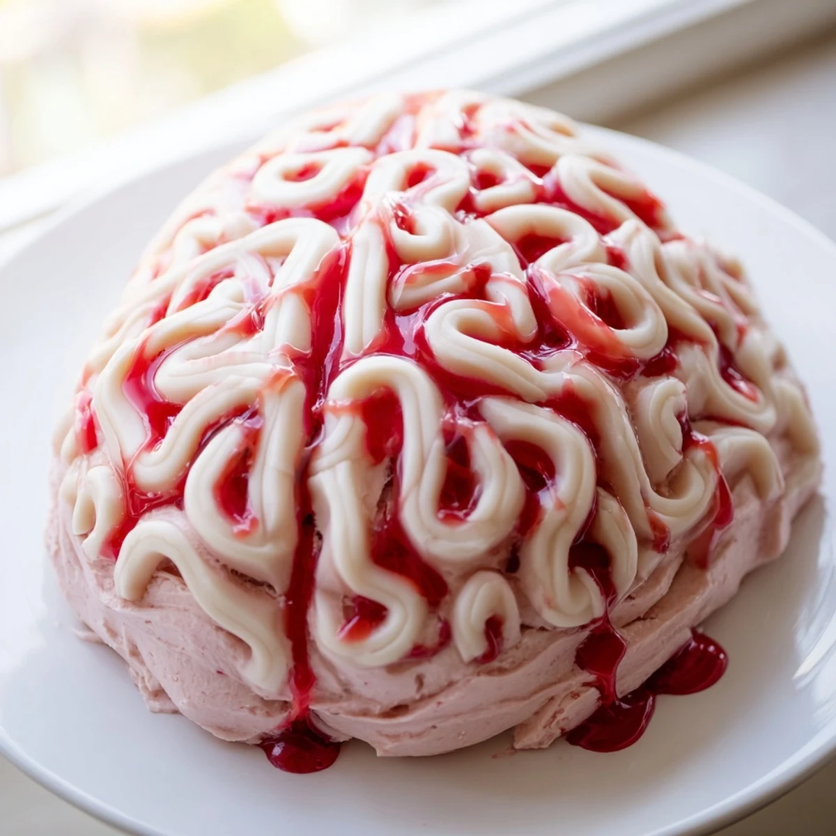 Creepy no bake strawberry cheesecake brain with pink chocolate folds and red berry drizzle on a dark plate