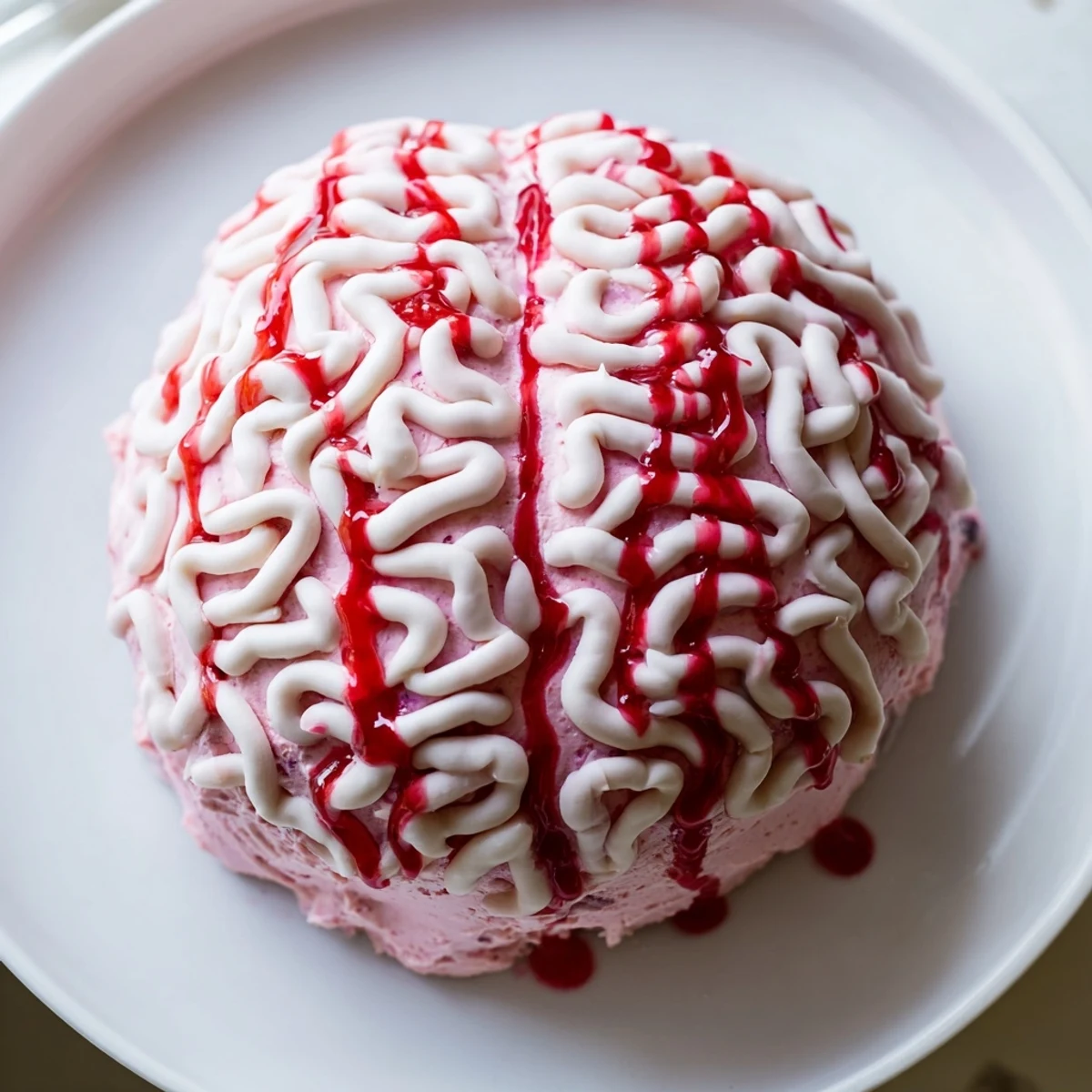 Spooky no bake strawberry cheesecake brain decorated with squiggly white chocolate grooves and crimson coulis drips