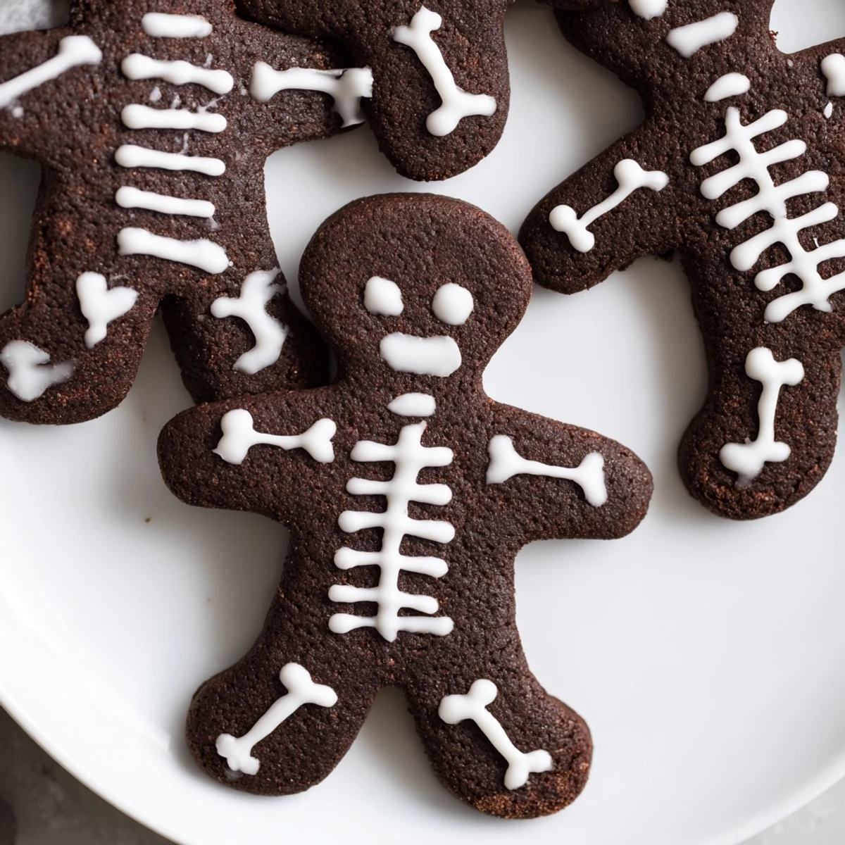 Crisp chocolate cinnamon skeleton cookies lined on parchment with intricate royal icing bones