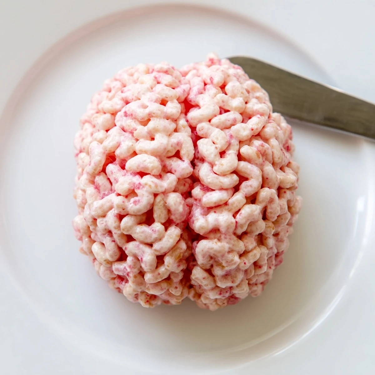Spooky stuffed crispy rice cereal brain sliced open revealing gooey raspberry jam center