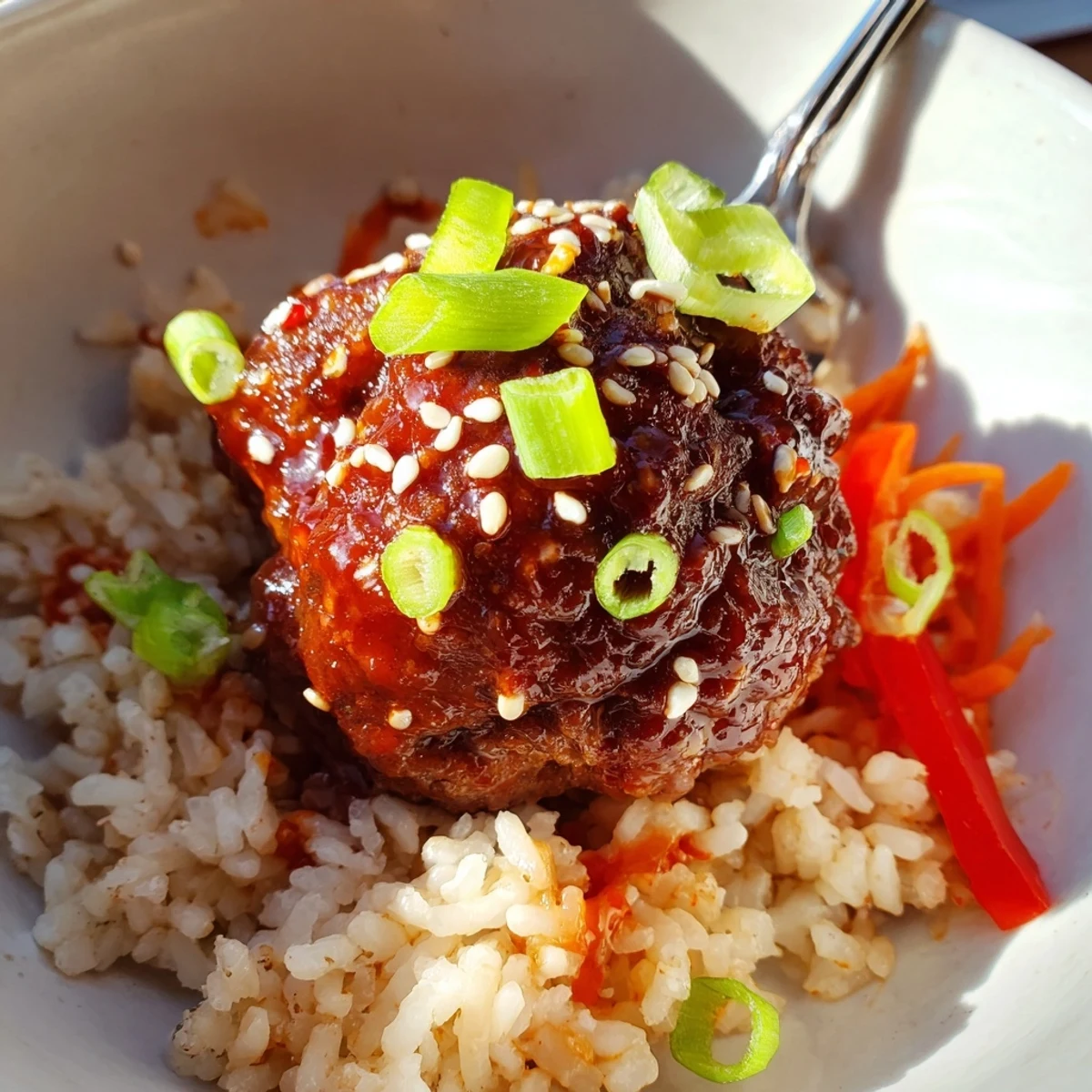 Baked Hello Fresh Firecracker Meatballs tossed with sesame scallions, served with crisp vegetables