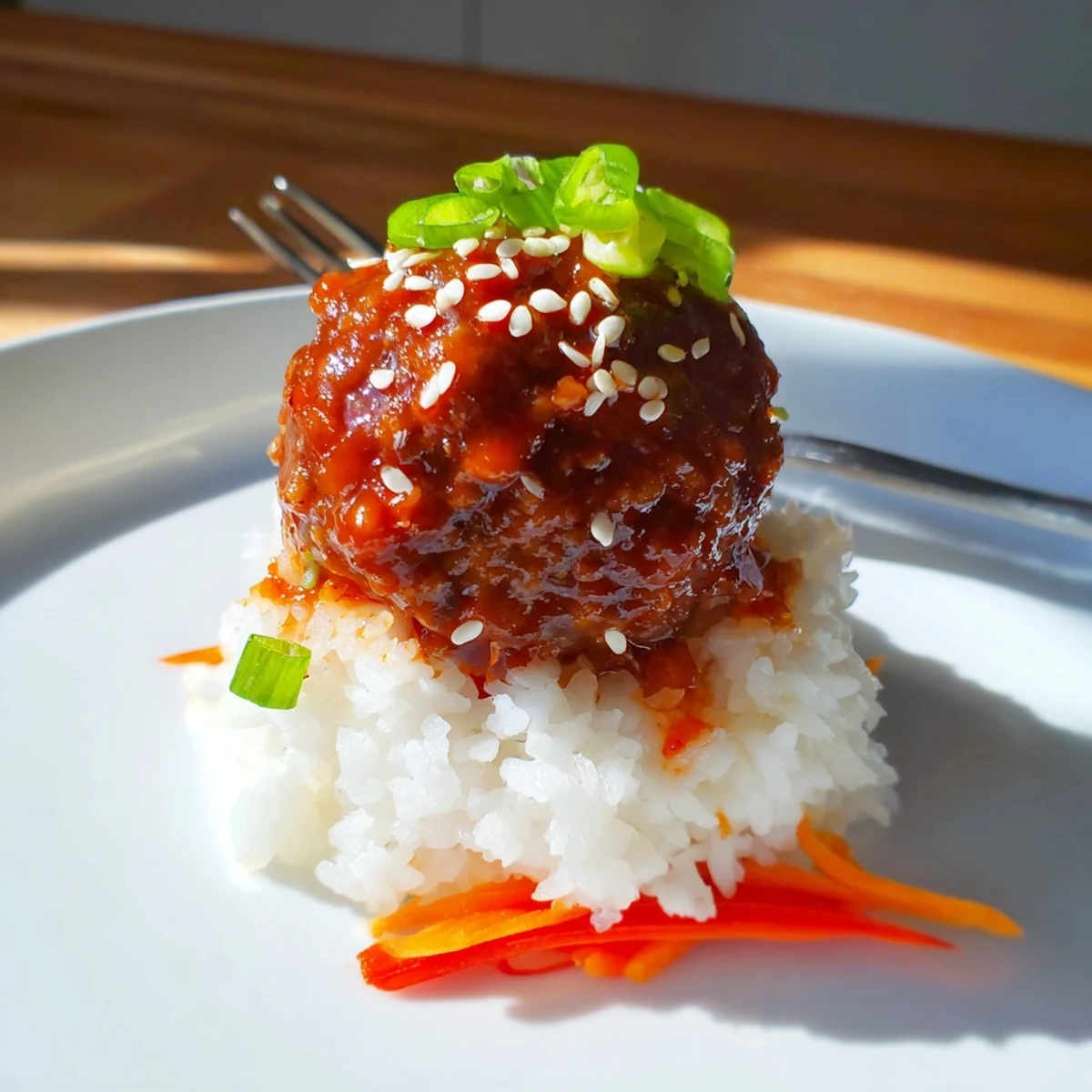 Hello Fresh Firecracker Meatballs glazed in sticky sauce over fluffy jasmine rice
