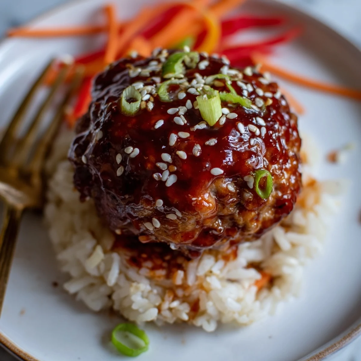 Spicy Hello Fresh Firecracker Meatballs, juicy and saucy, plated beside steaming jasmine rice