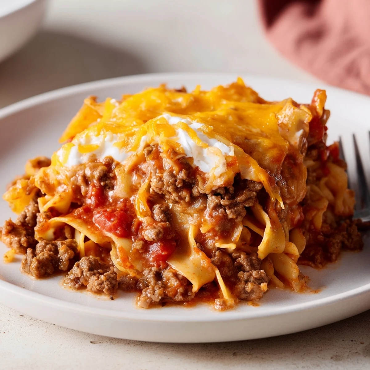 Spoonful of Beef Lombardi Casserole showing creamy cheese topping and noodles