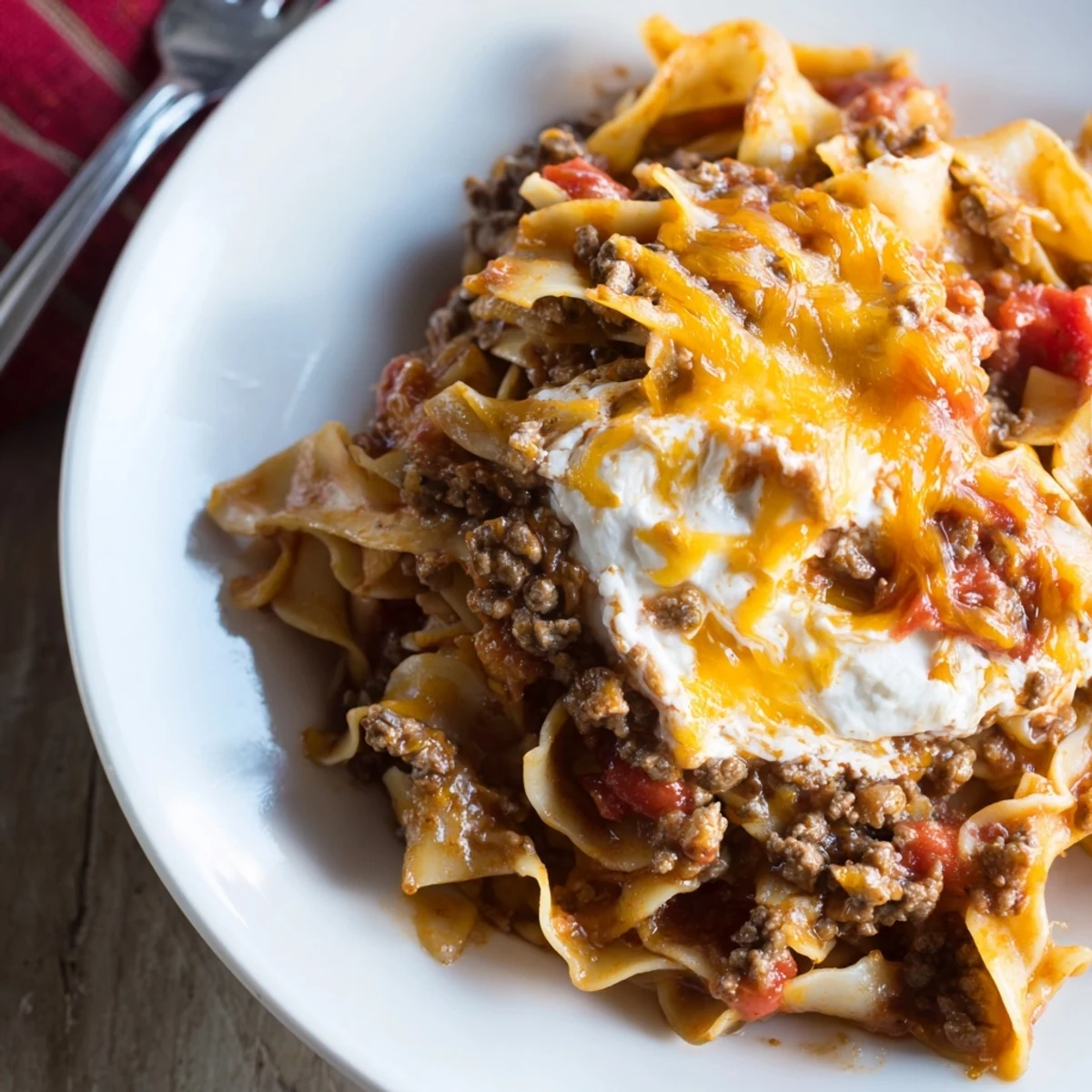 Home-style Beef Lombardi Casserole, browned edges, tomato-scented sauce, family-sized dish
