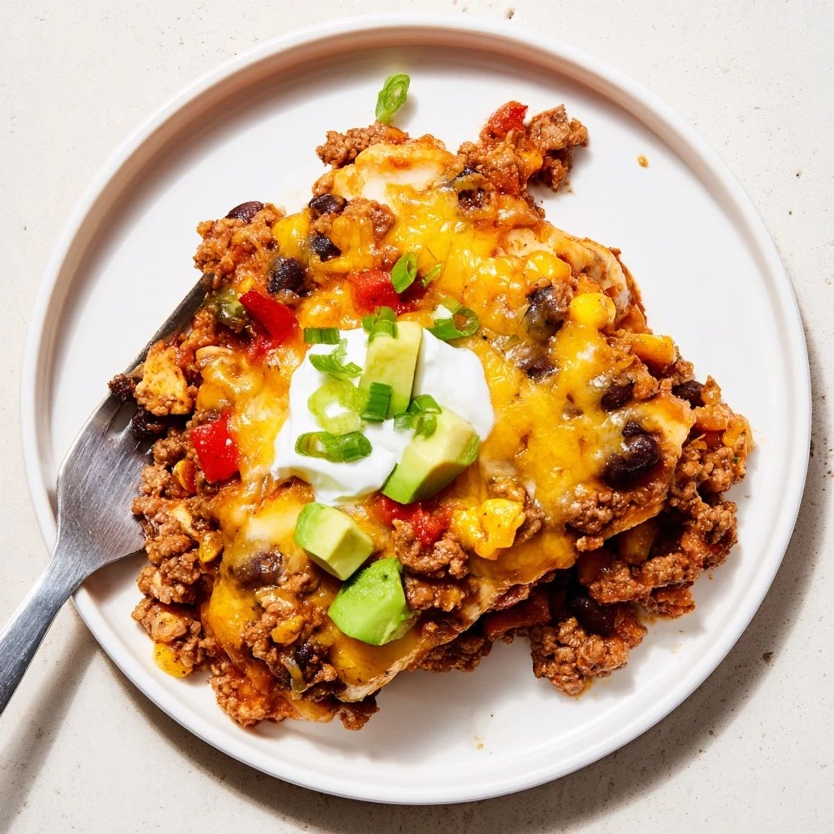 Close-up of Beef Skillet Enchiladas glistening in spicy red enchilada sauce