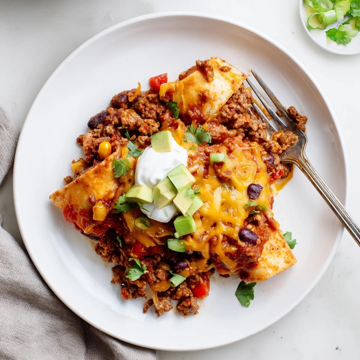 Weeknight Beef Skillet Enchiladas served hot with creamy sour cream and avocado