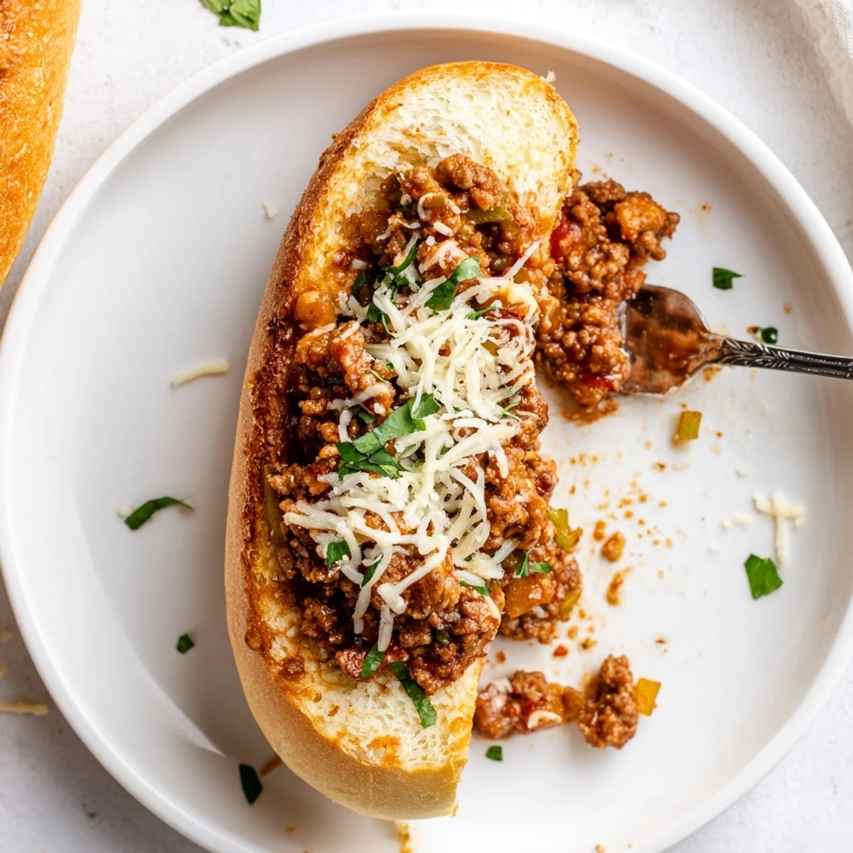 Stacked Garlic Bread Sloppy Joes with bubbly cheese, rustic wooden board