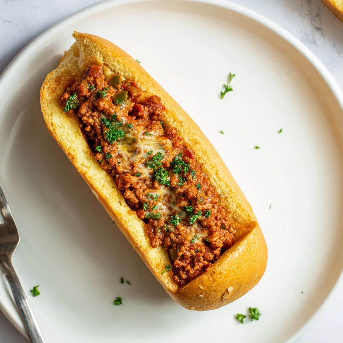 Family-style Garlic Bread Sloppy Joes sliced on parchment, garlic butter aroma