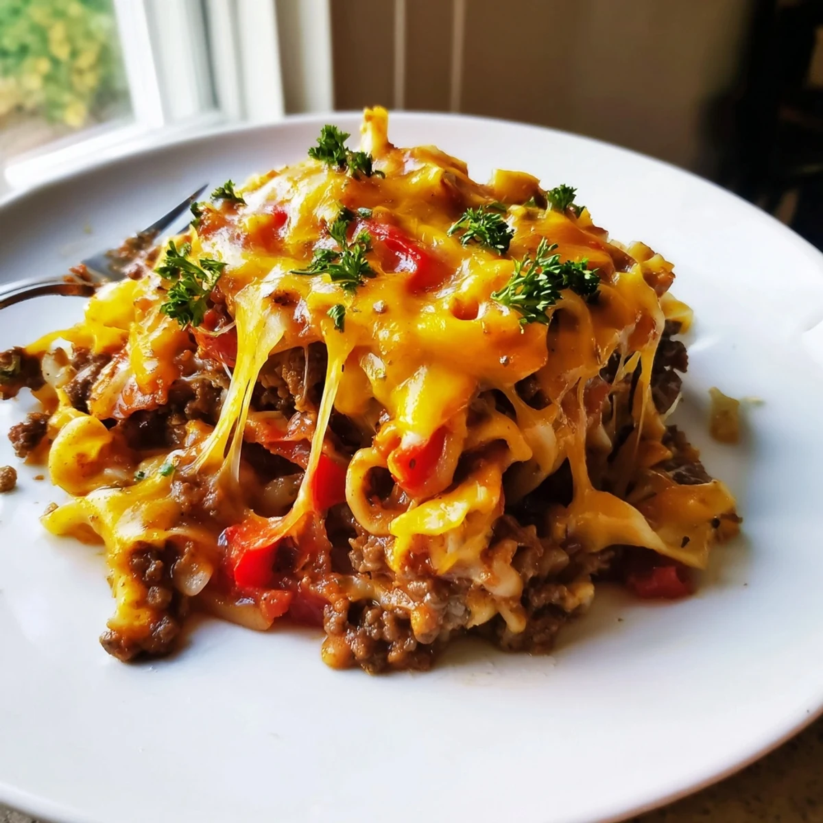 Beef Noodle Casserole bubbling with melted cheddar, golden edges and steam  