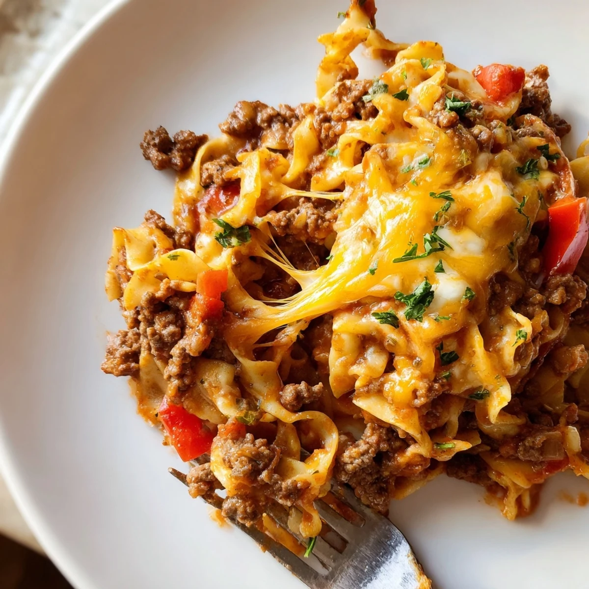 Oven-browned Beef Noodle Casserole with tender ground beef and bubbling sauce
