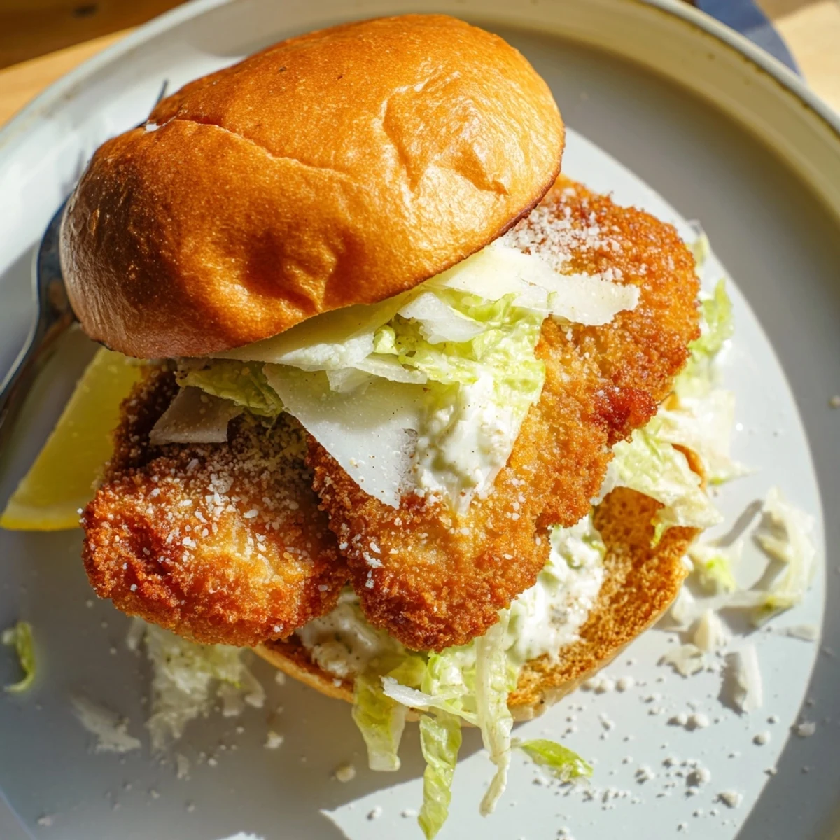 Crispy Chicken Caesar Sandwich with golden fried chicken, creamy Caesar, toasted brioche