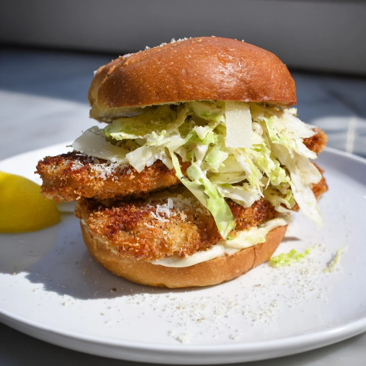 Crispy Chicken Caesar Sandwich crusted with panko, topped with romaine and Parmesan