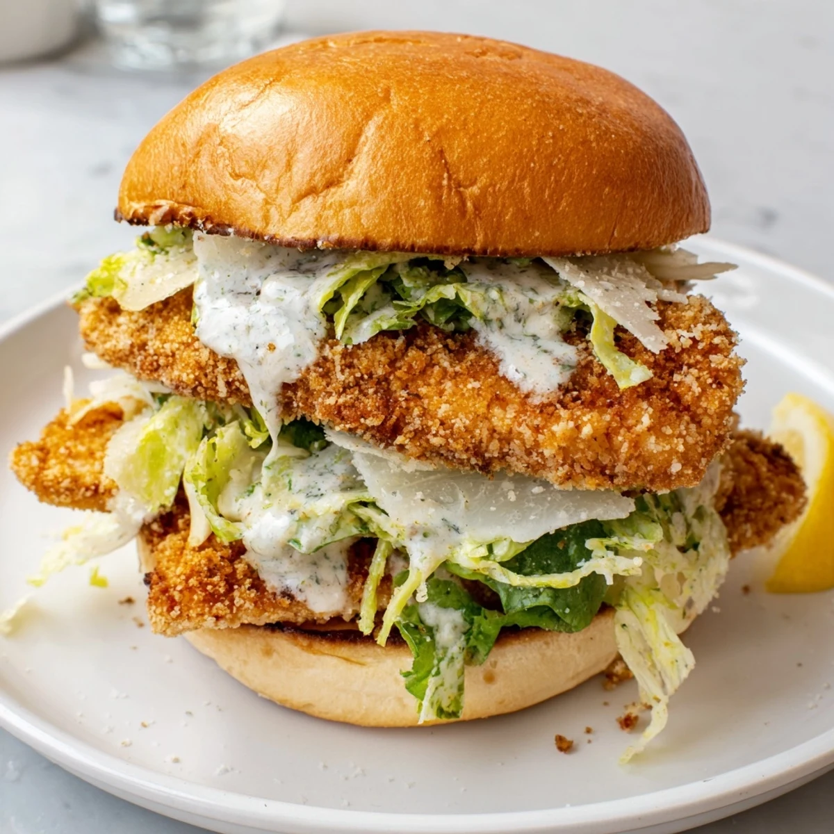 Warm Crispy Chicken Caesar Sandwich served immediately on toasted bun with lemon wedge