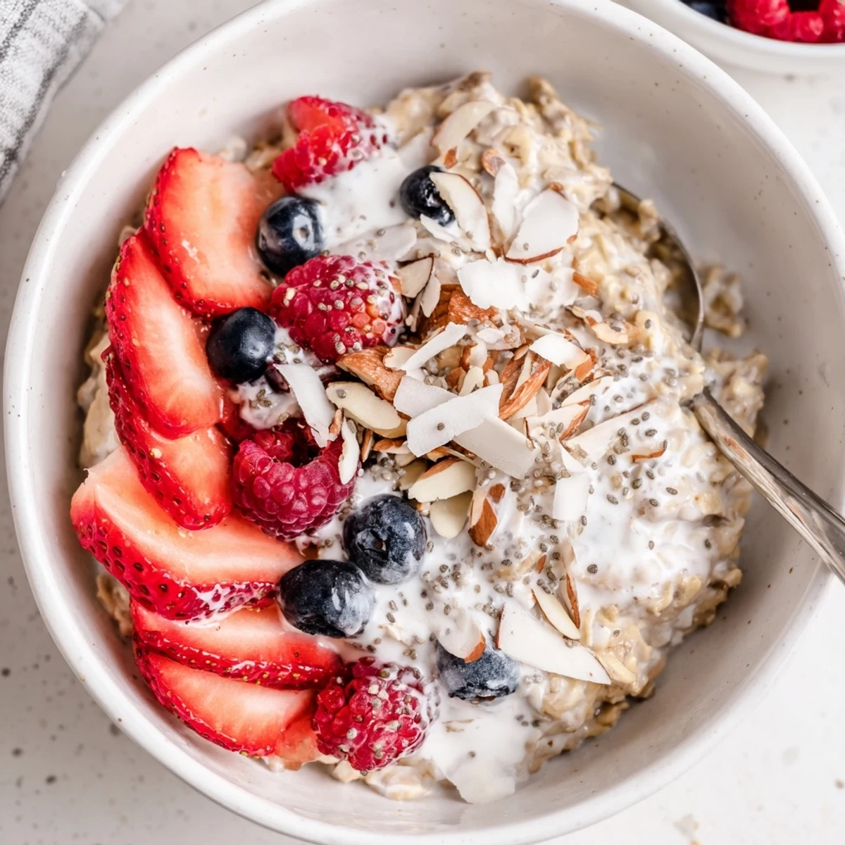 Creamy Healthy Coconut Cream Overnight Oats topped with berries and toasted coconut