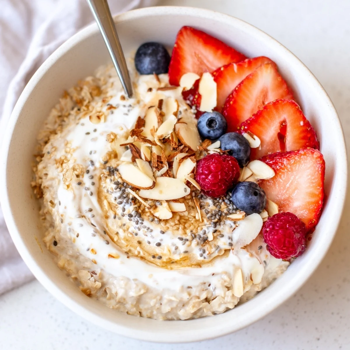 Silky Healthy Coconut Cream Overnight Oats served with chopped nuts and maple