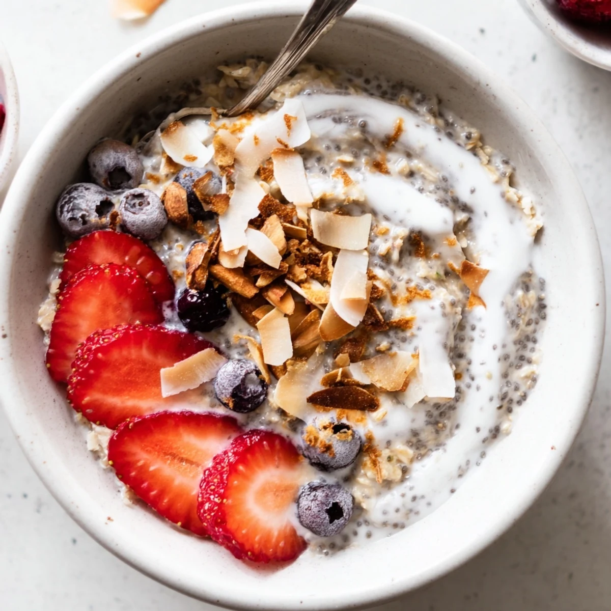 A chilled jar of Healthy Coconut Cream Overnight Oats with fresh berries