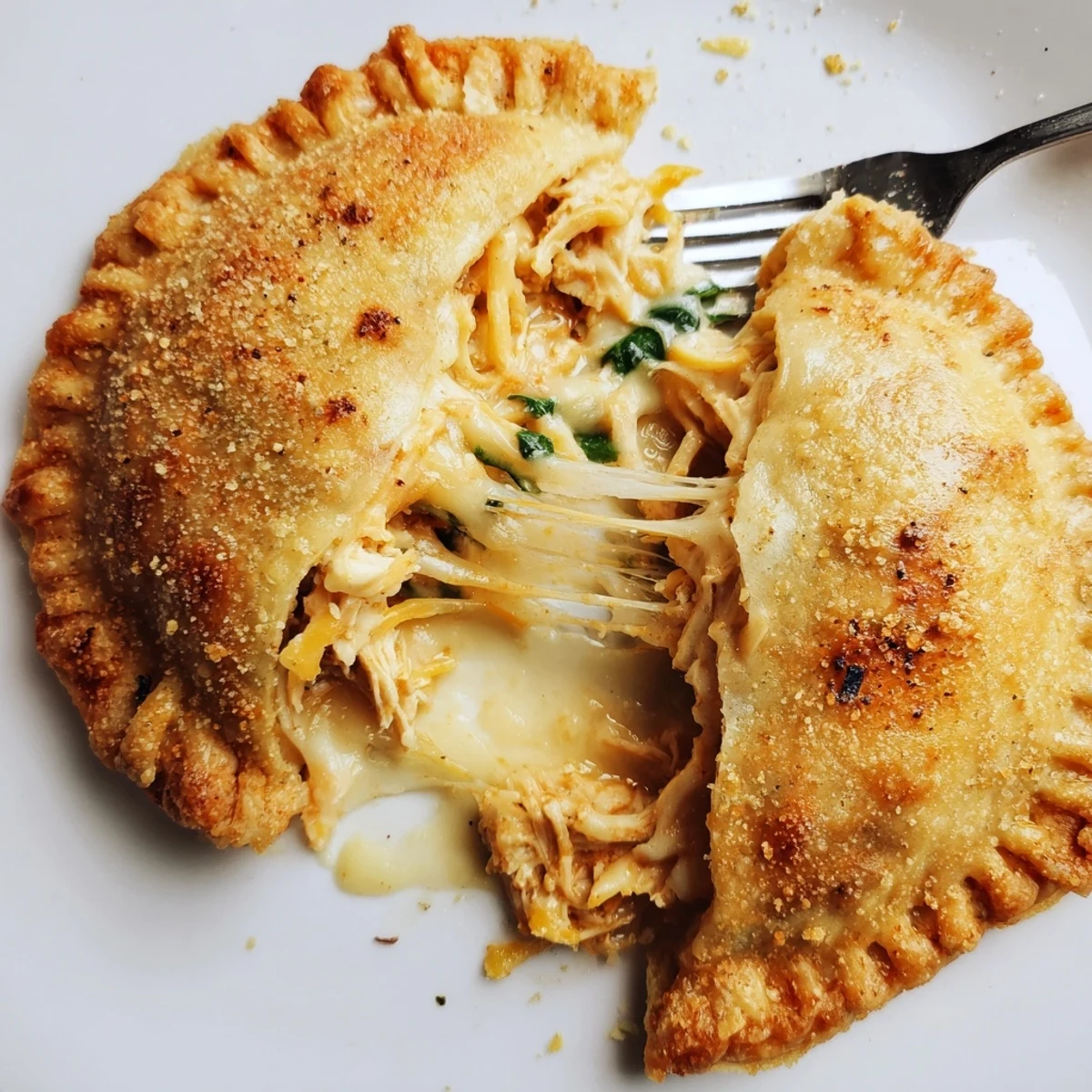 Crispy Cheesy Chicken Alfredo Air Fryer Calzones golden, crunchy exterior with gooey filling.