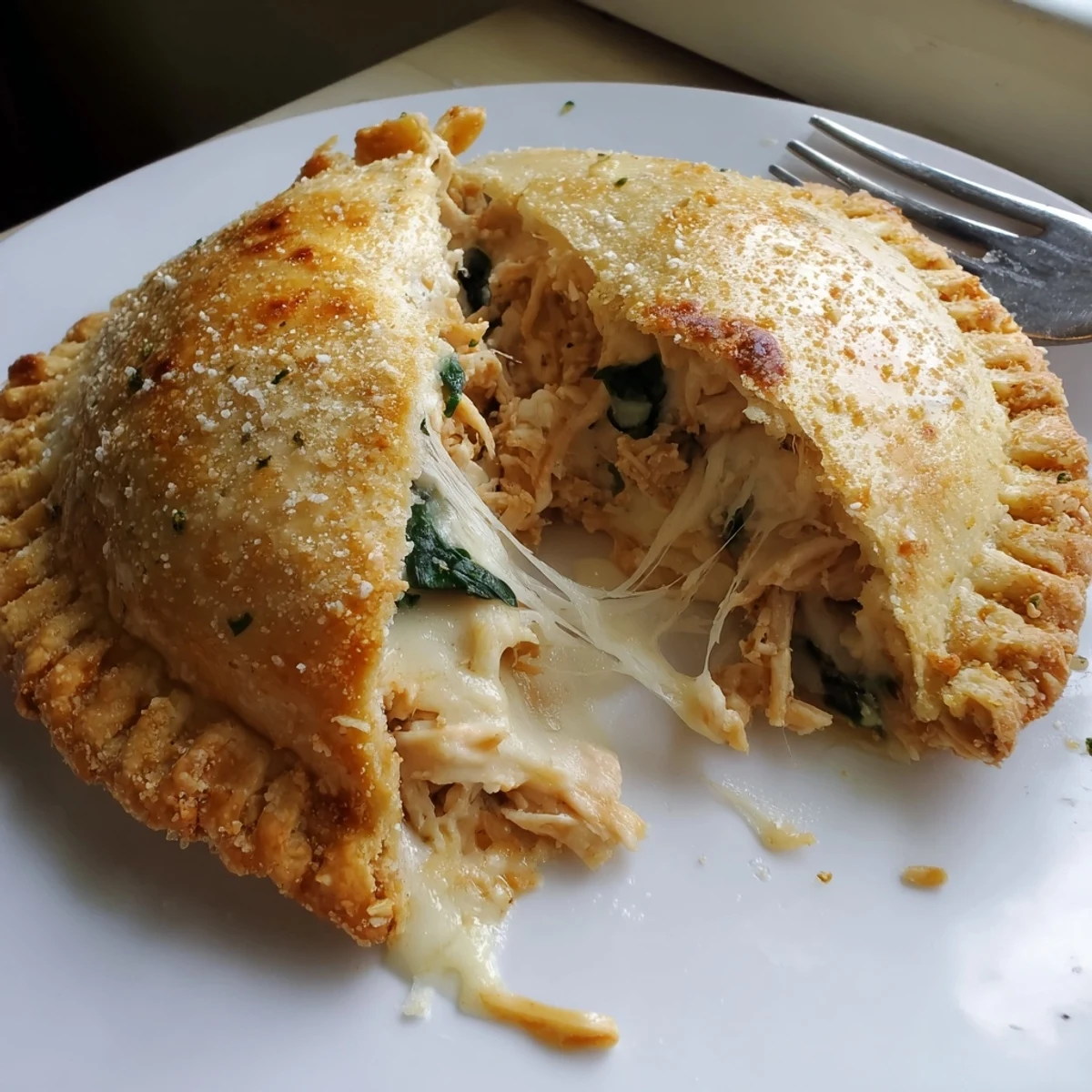 Warm Crispy Cheesy Chicken Alfredo Air Fryer Calzones served with marinara dipping sauce.