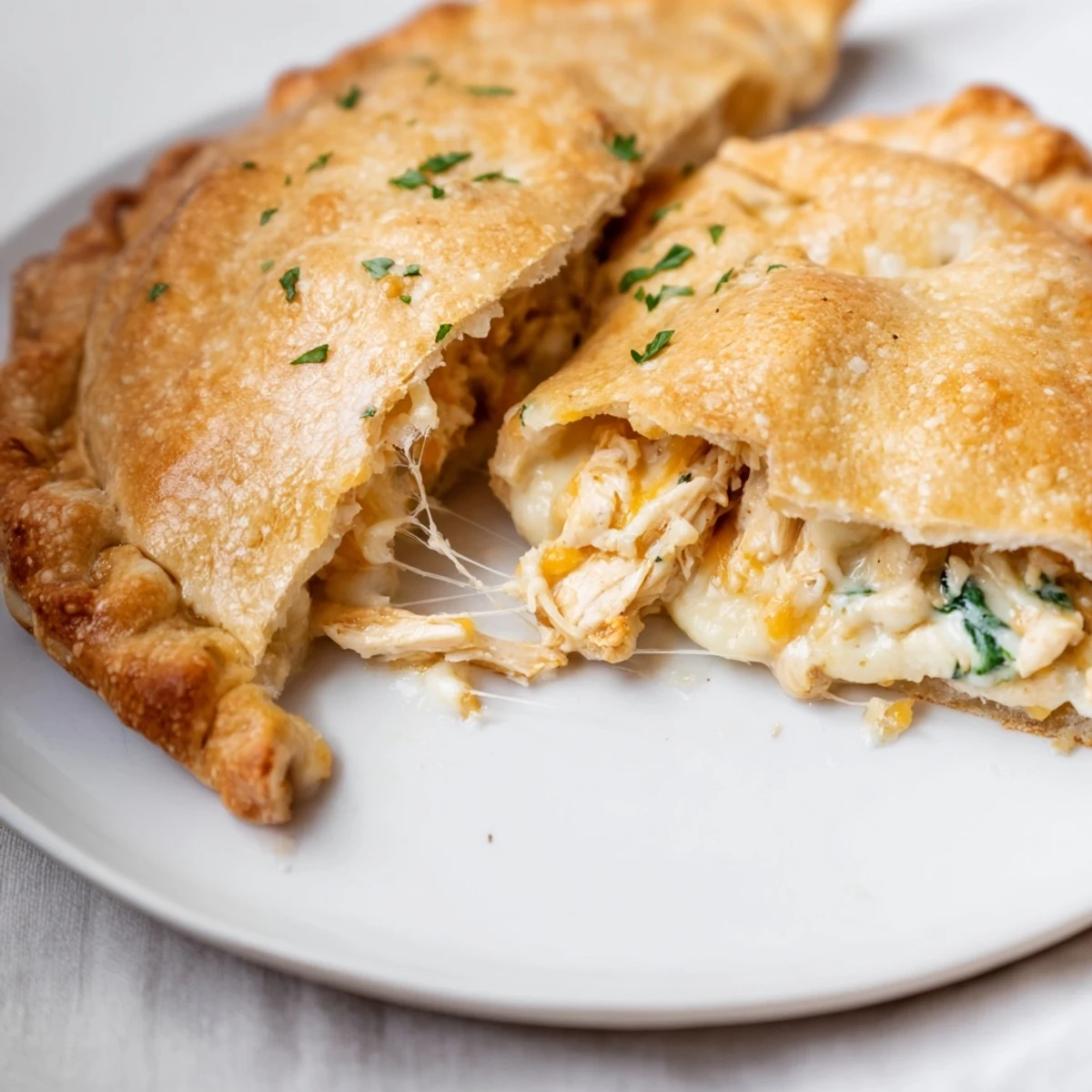 Tight shot of Crispy Cheesy Chicken Alfredo Air Fryer Calzones, steam and cheese pull.