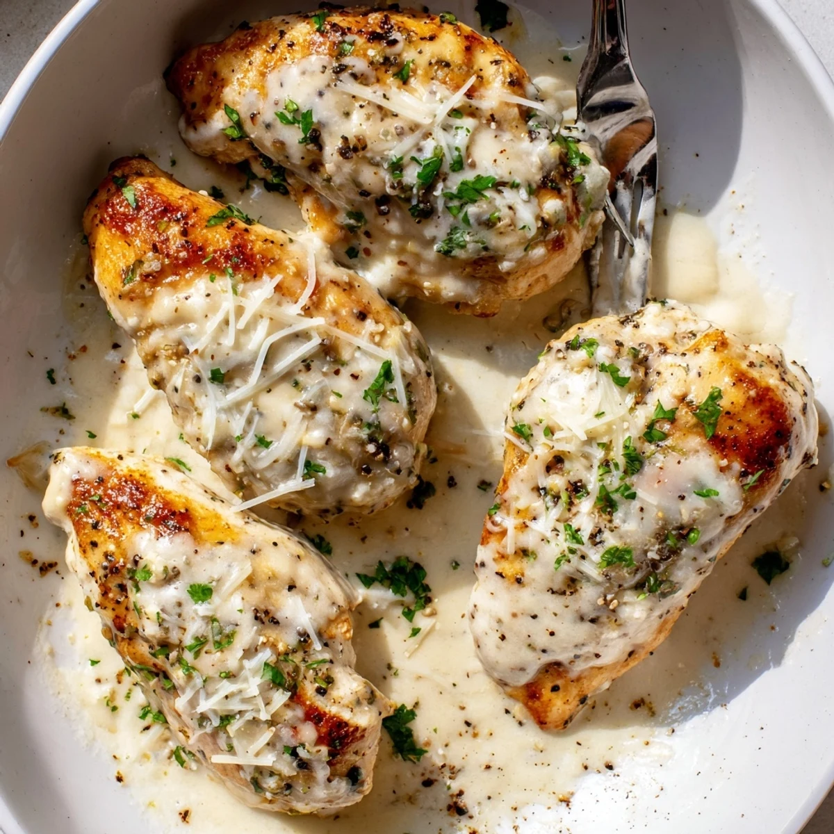 Caesar Chicken Recipe: golden baked breasts smothered in creamy Parmesan sauce