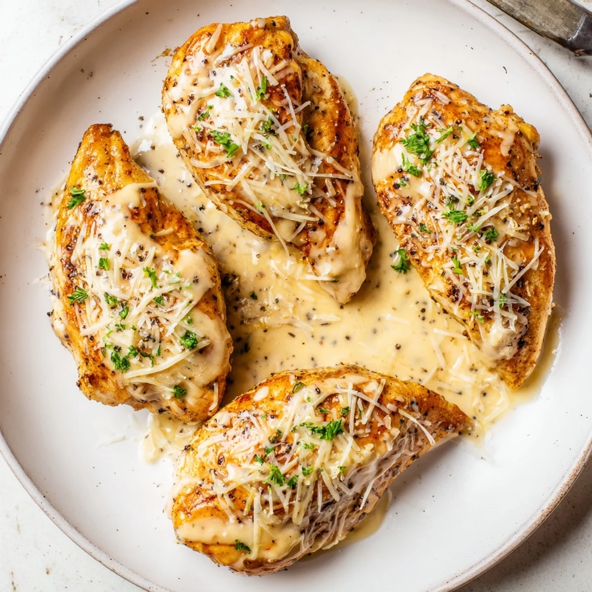 Slice-ready Caesar Chicken Recipe, juicy breasts under bubbly melted parmesan crust