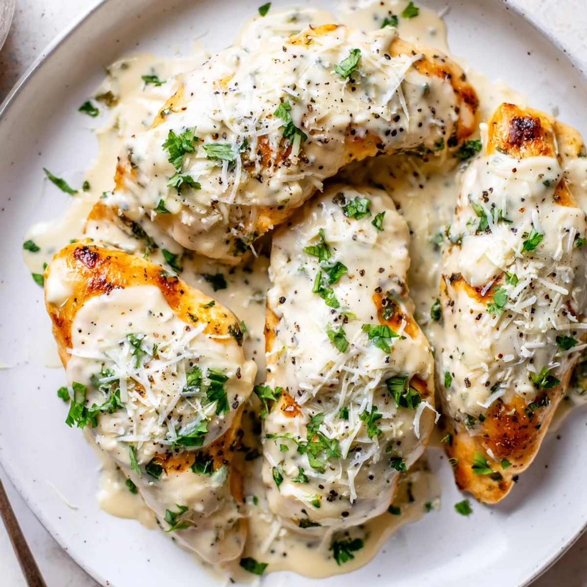 Weeknight Caesar Chicken Recipe served hot with roasted vegetables and lemon