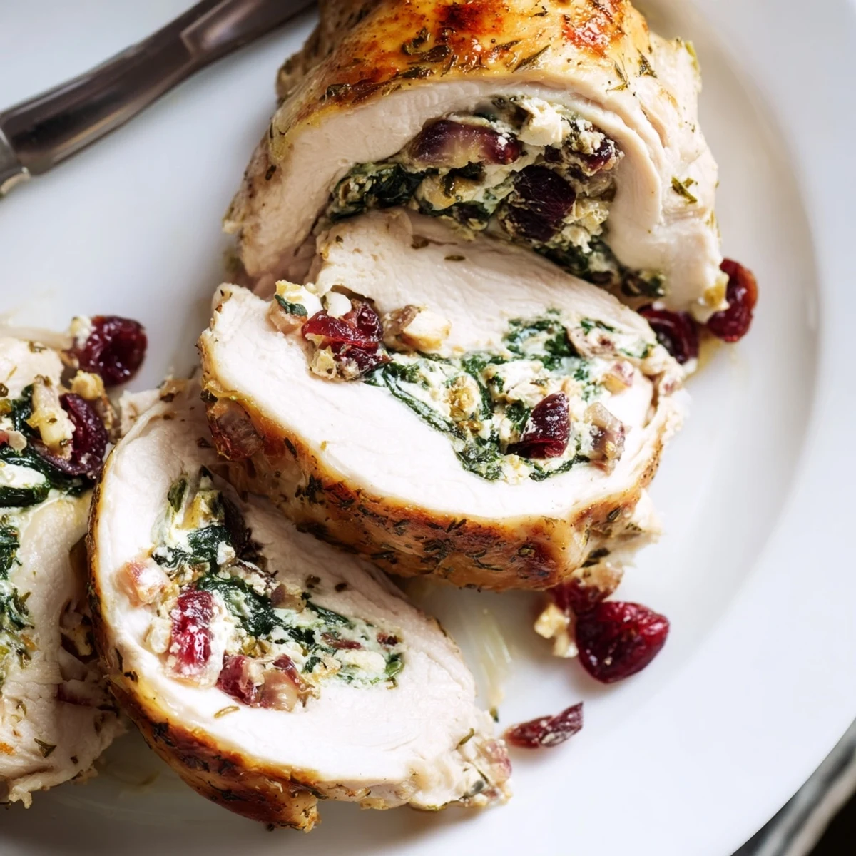 Cranberry Spinach Stuffed Chicken Breasts, oven-browned and steaming with creamy tangy filling.