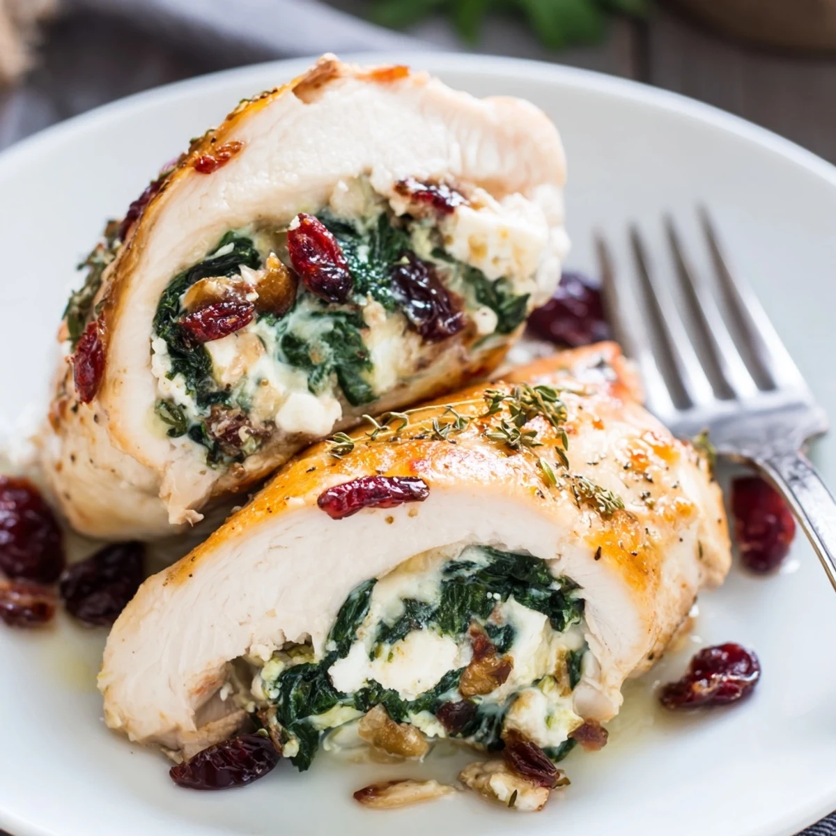 Sliced Cranberry Spinach Stuffed Chicken Breasts showing ruby cranberries and melted cheese.