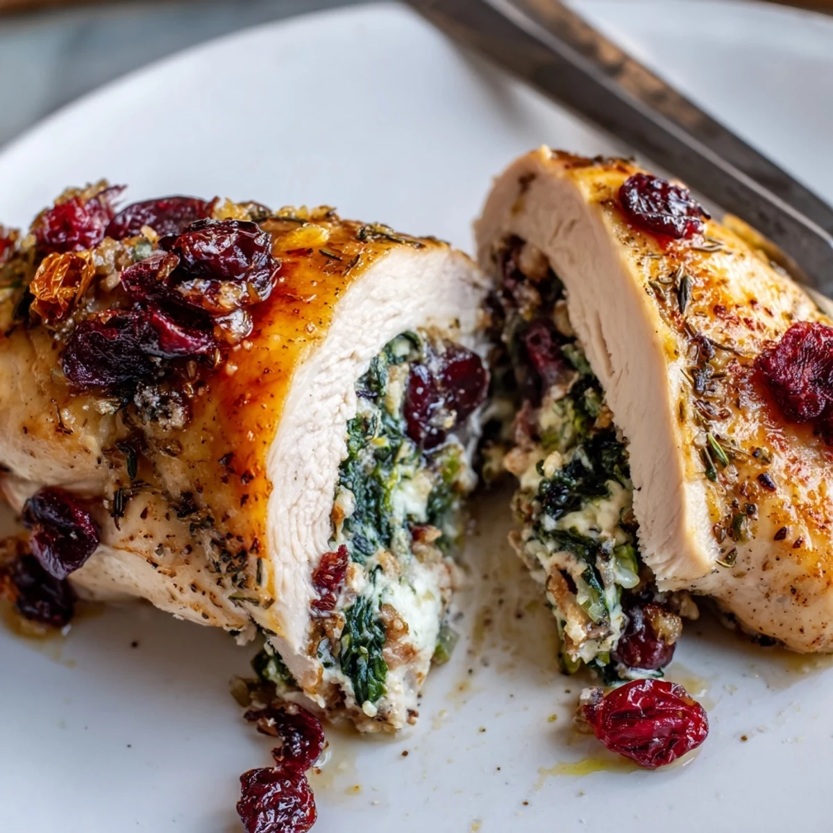 Weeknight Cranberry Spinach Stuffed Chicken Breasts plated with wild rice and roasted carrots.