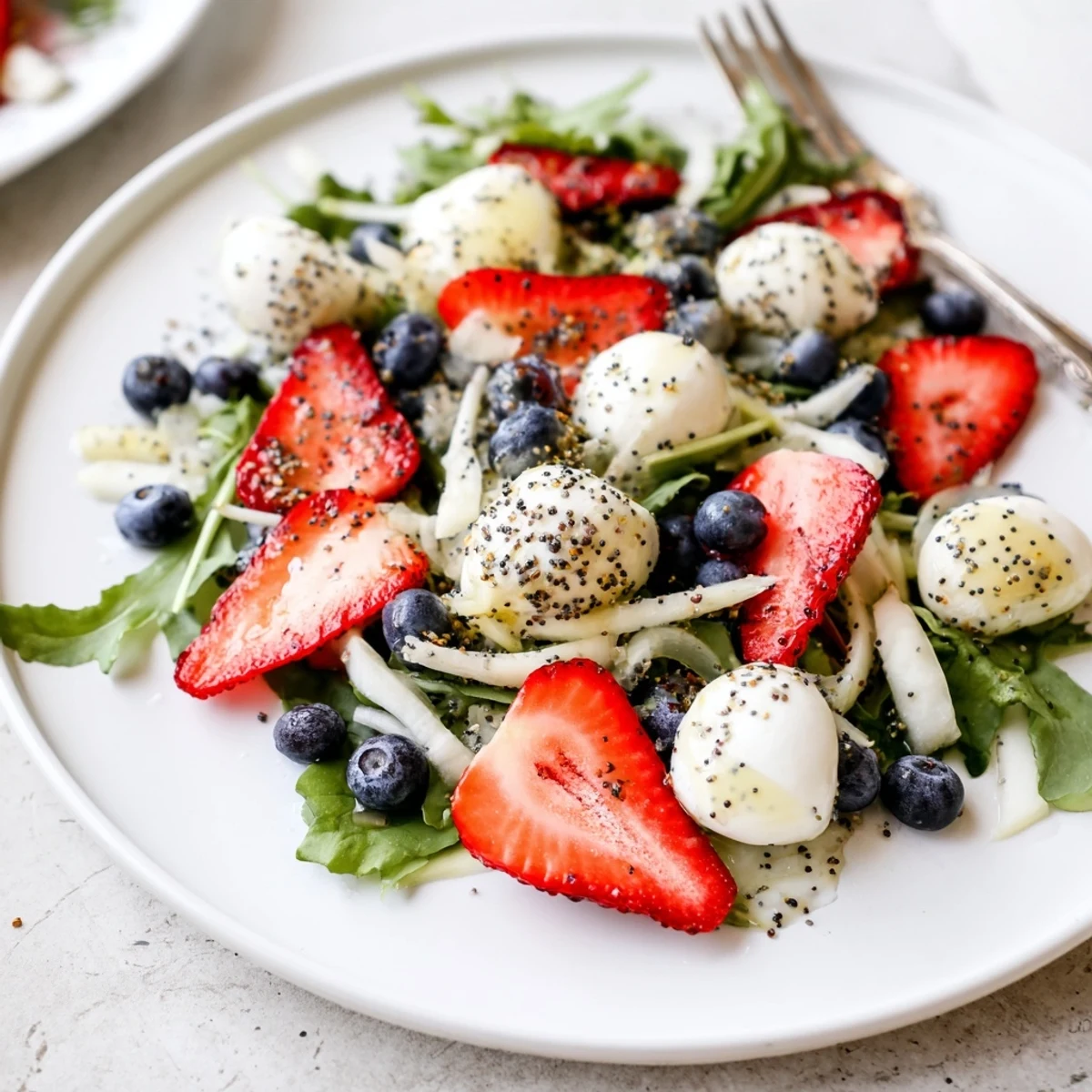 4th Of July Salad with fresh strawberries, blueberries, mozzarella, and tangy poppy dressing.