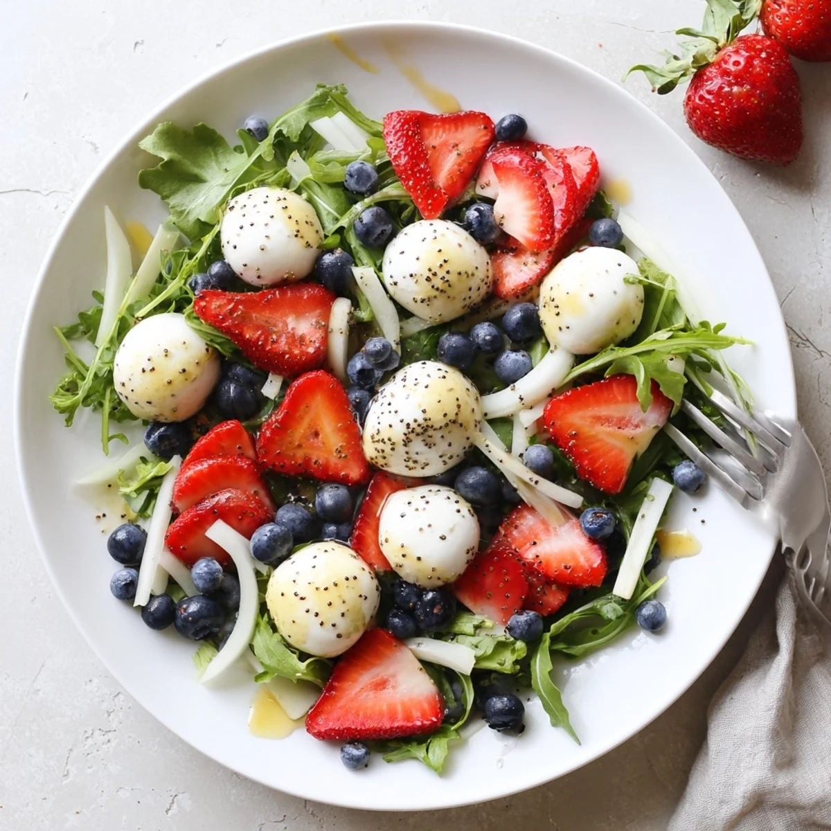 Bright 4th Of July Salad on platter, crisp jicama, sweet berries, creamy mozzarella.