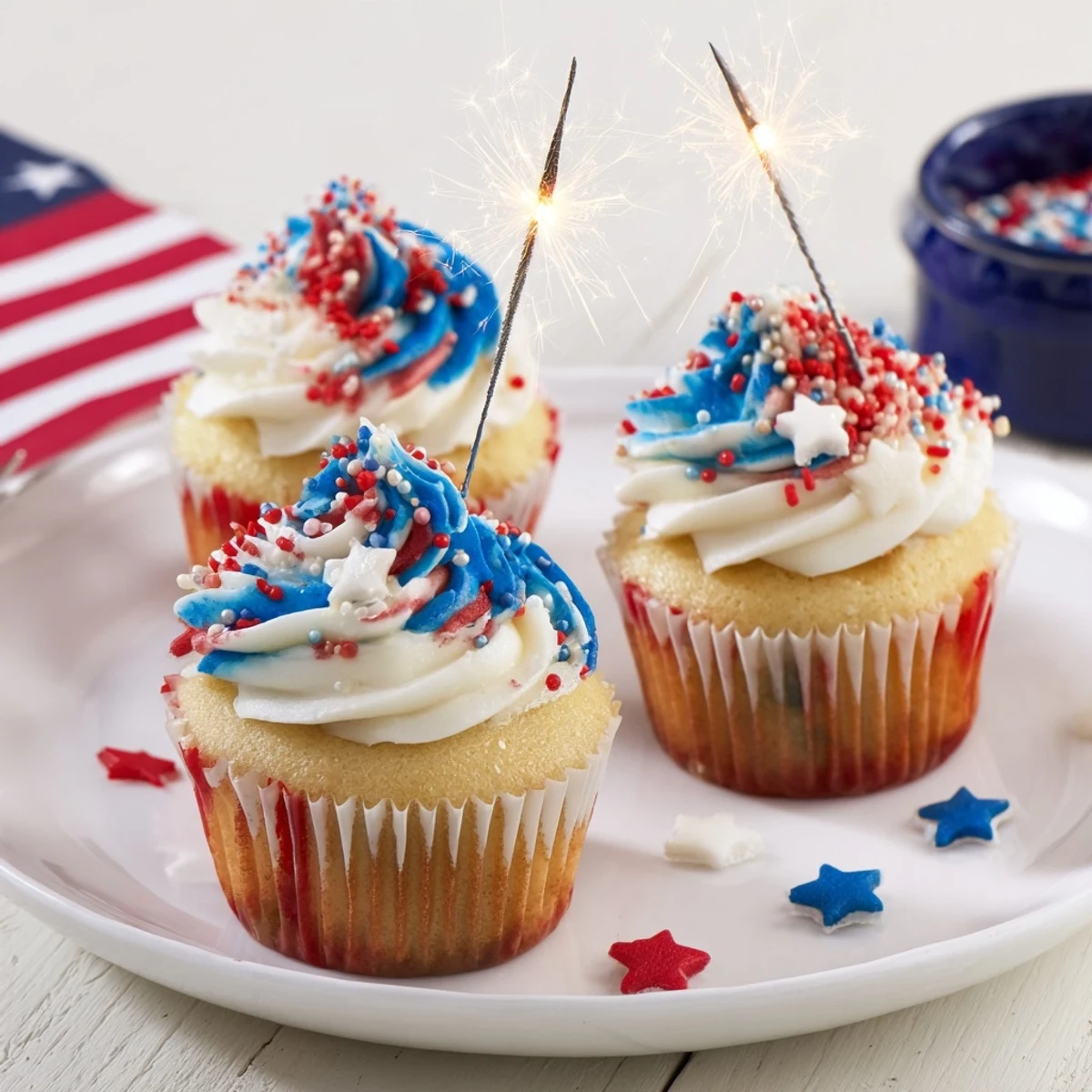 Fresh-baked Patriotic Firework Cupcakes arranged on a tray, ready to serve