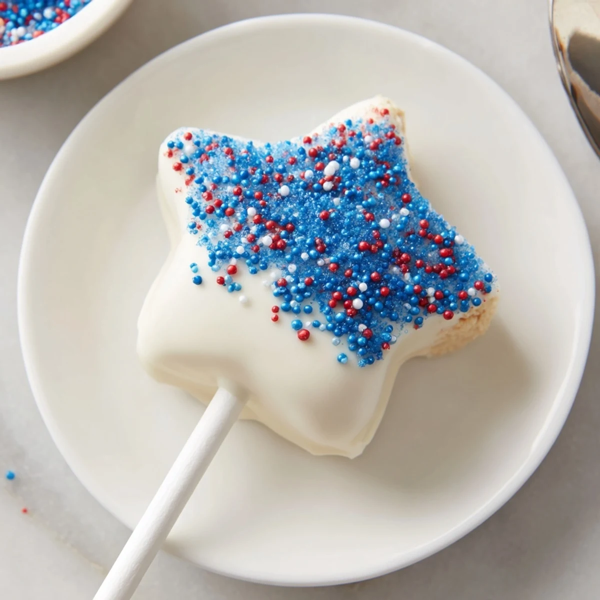 Fourth Of July Star Cheesecake Pops on a platter with patriotic sprinkles