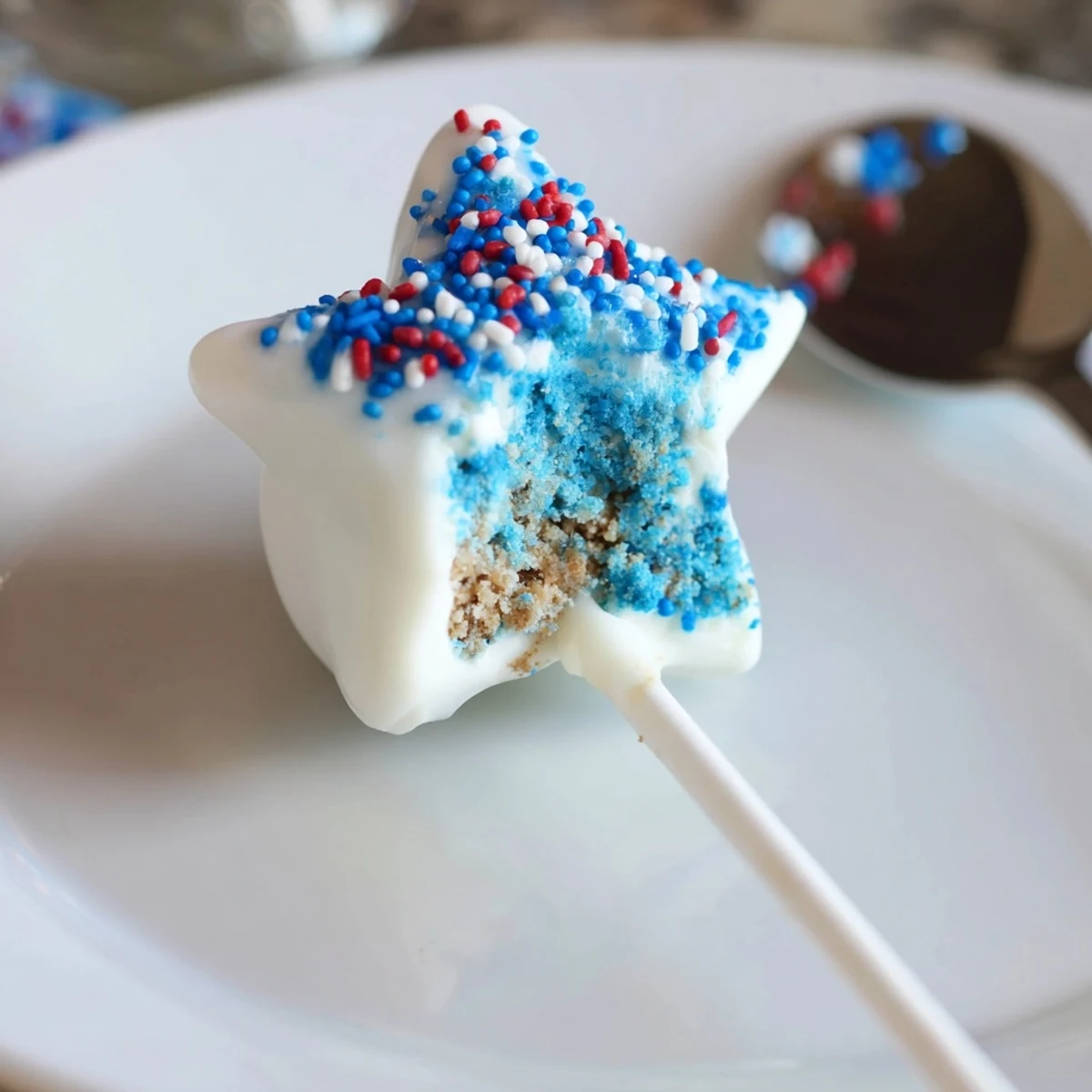 Close up of Fourth Of July Star Cheesecake Pops dipped in glossy chocolate