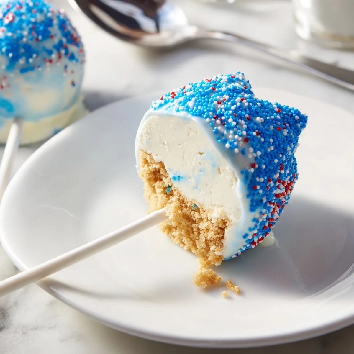Kids reaching for Fourth Of July Star Cheesecake Pops at backyard picnic table