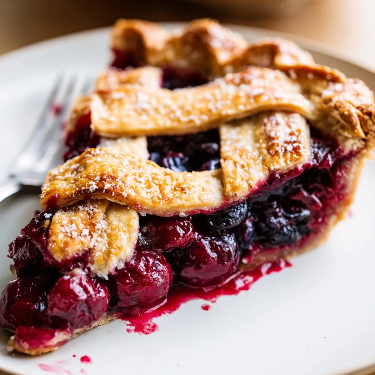 Cherry And Blueberry Pie with golden flaky crust, bubbling summer fruit