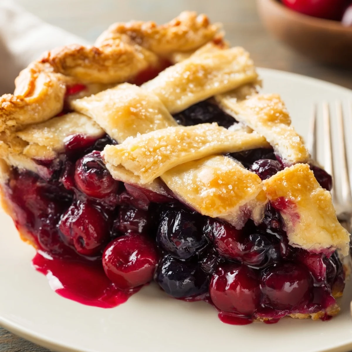Warm slice of Cherry And Blueberry Pie served with melting vanilla ice cream