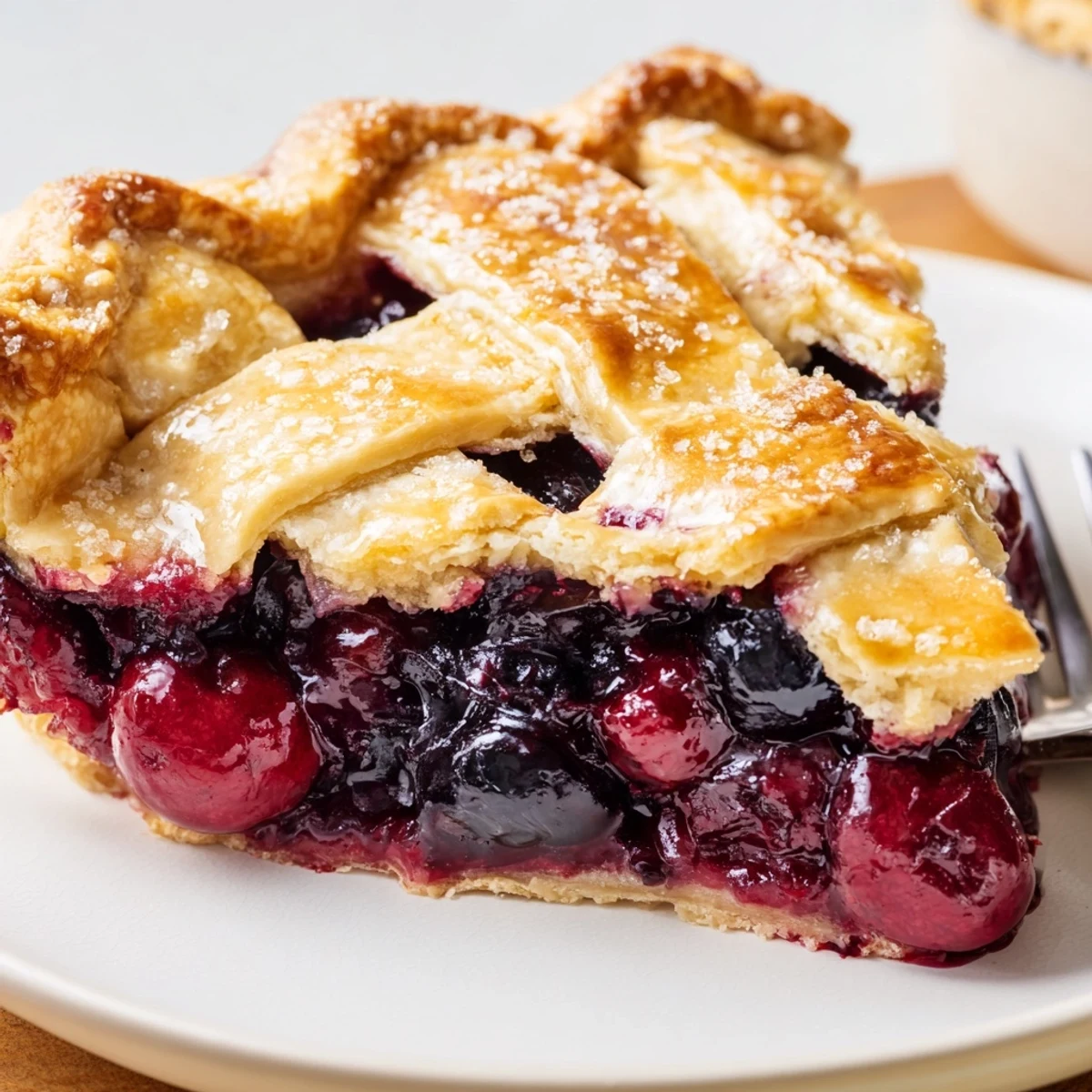 Baked Cherry And Blueberry Pie cooling on rack, glistening ruby and indigo juices
