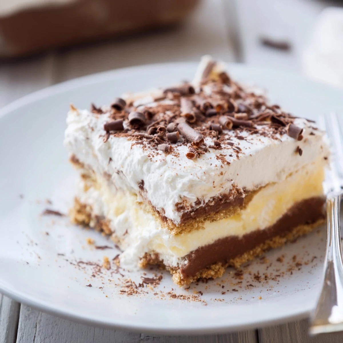 Homestyle No Bake Layered Dessert showing graham crust and fluffy whipped cream