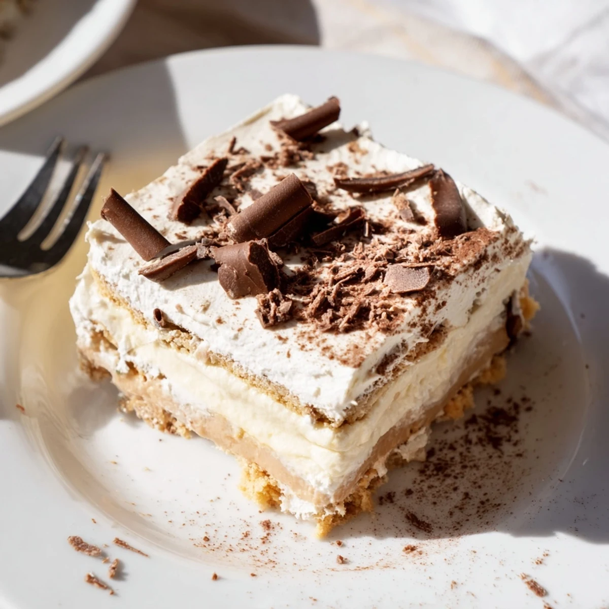 Creamy No Bake Layered Dessert sliced on plate, ready for coffee