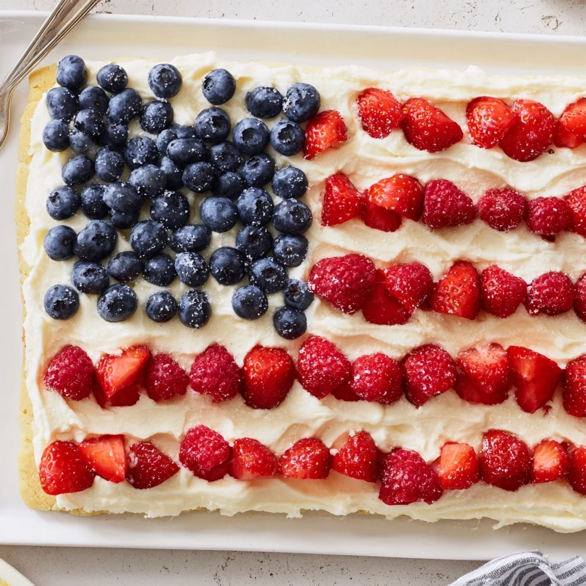 Bright red strawberries and blueberries decorate the Sugar Cookie Flag Fruit Pizza.