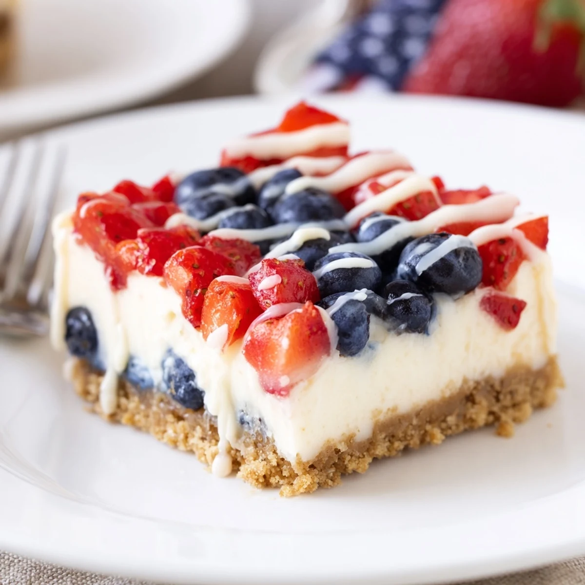 Patriotic Cheesecake Bars topped with glossy strawberries and blueberries, chilled and sliced