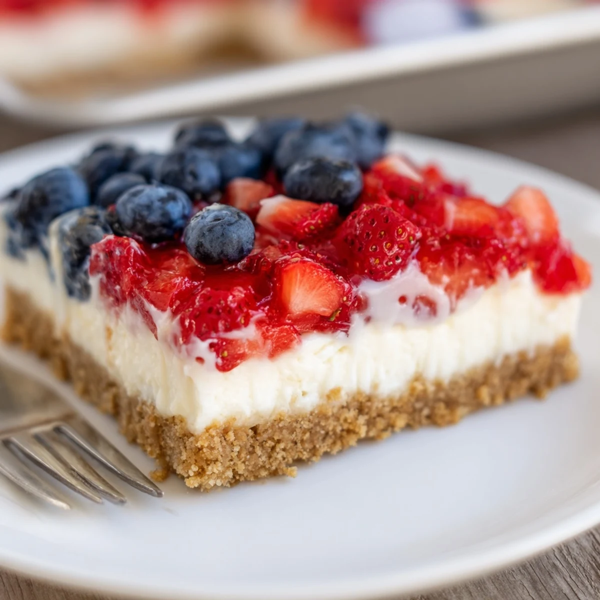 Creamy Patriotic Cheesecake Bars with buttery graham crust, perfect for summer picnics
