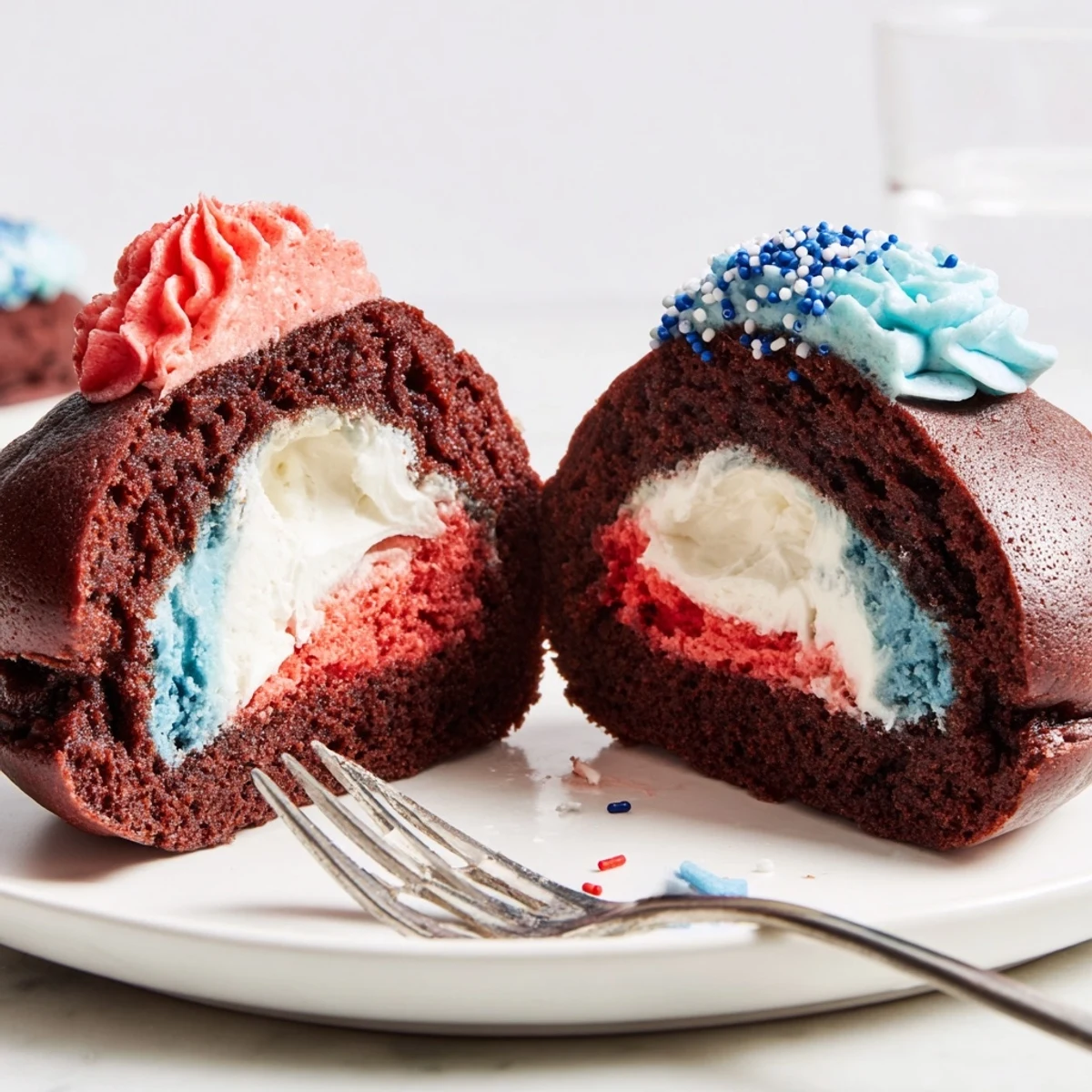 Patriotic Whoopie Pies with soft chocolate cakes, marshmallow filling, red white blue sprinkles